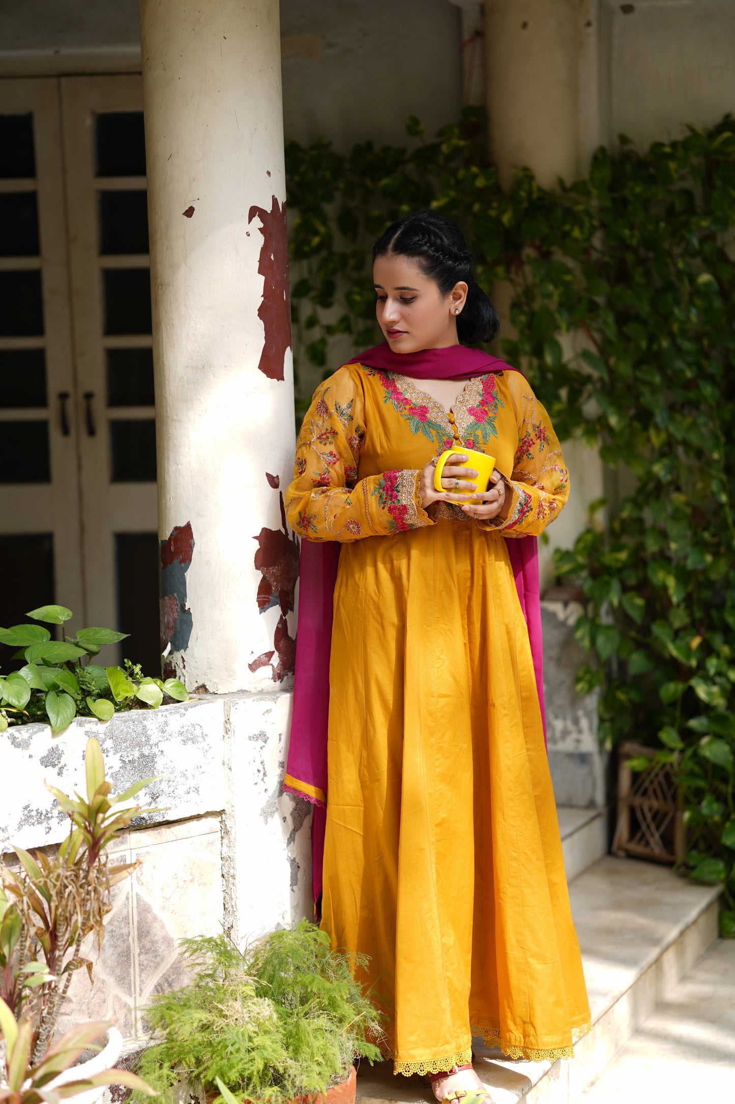 Mustard gold embroidered frock 3pcs