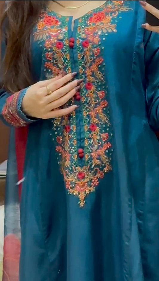 Bluish Zinc Embroidered Frock 3 pcs