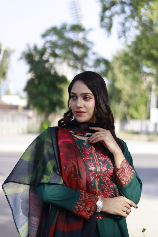 Emerald Green Embroidered Frock 3 pcs