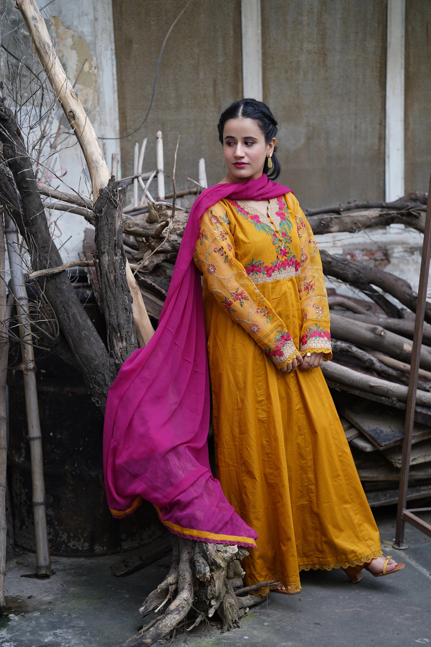 Mustard gold embroidered frock 3pcs