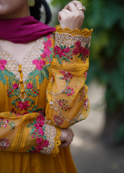 Mustard gold embroidered frock 3pcs