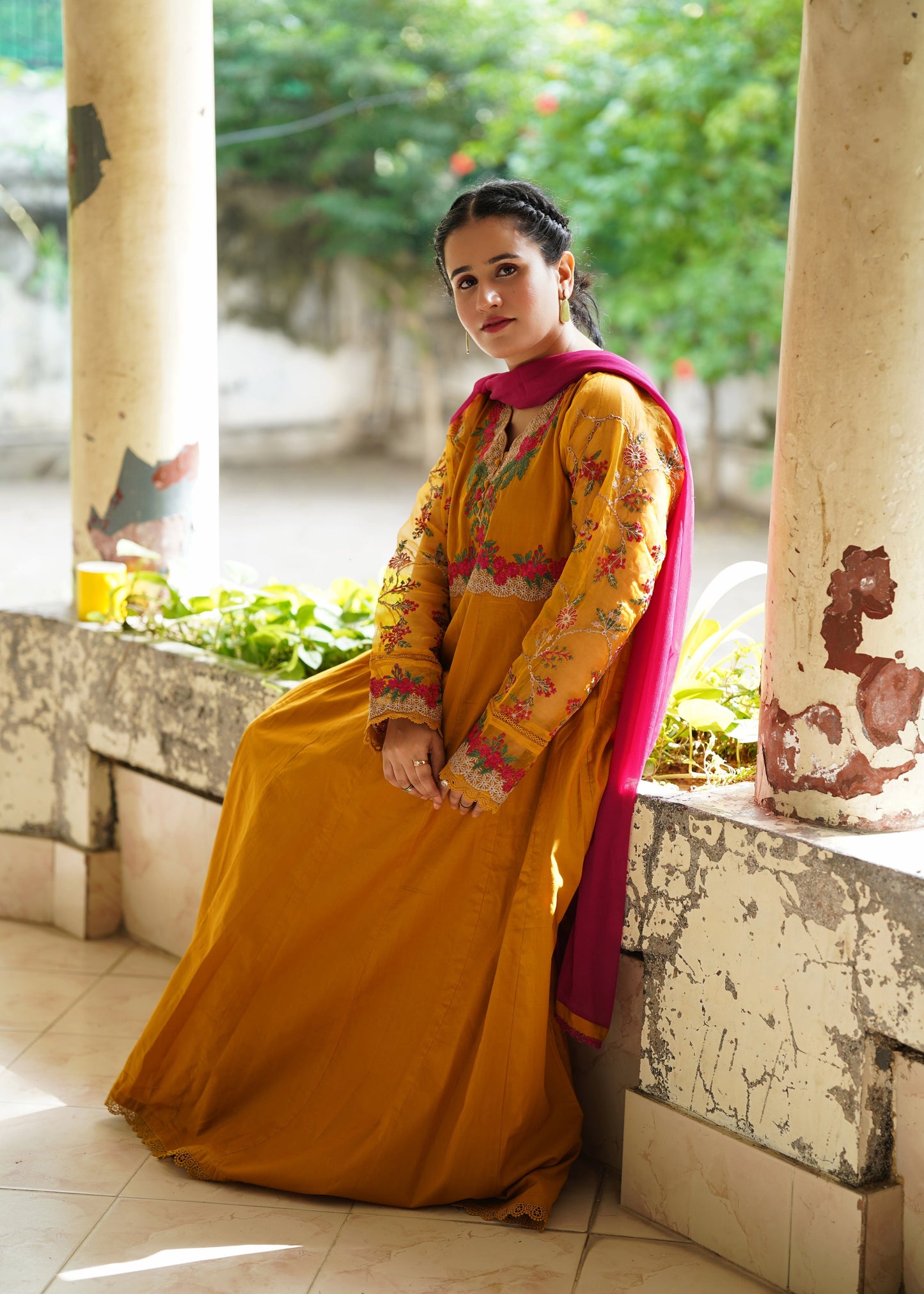 Mustard gold embroidered frock 3pcs