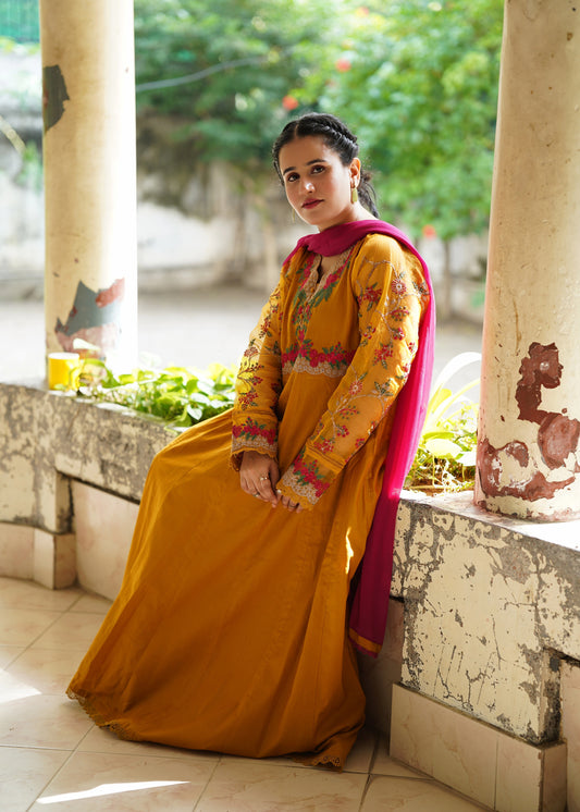 Mustard gold embroidered frock 3pcs