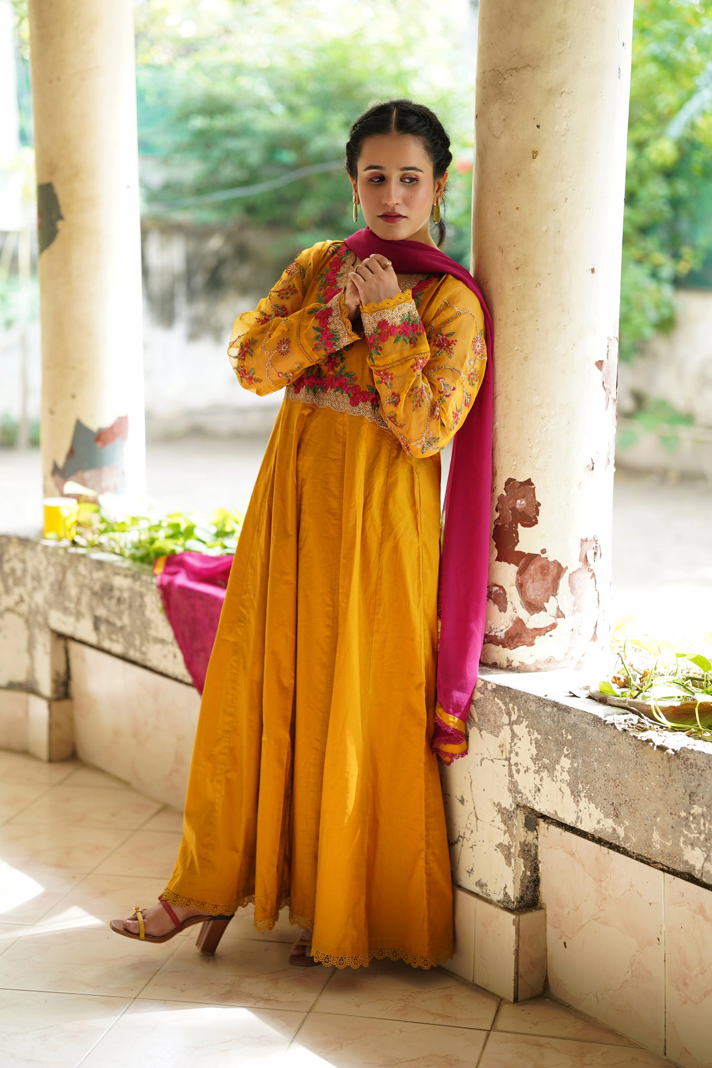 Mustard gold embroidered frock 3pcs