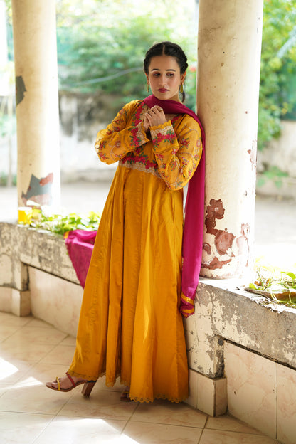 Mustard gold embroidered frock 3pcs