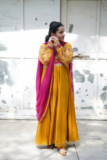 Mustard gold embroidered frock 3pcs