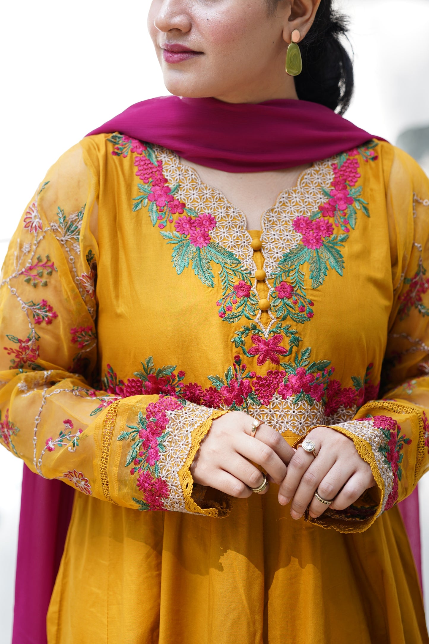 Mustard gold embroidered frock 3pcs