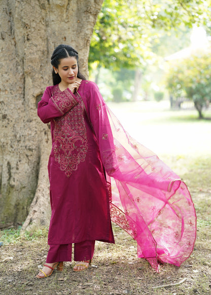 Maganda pink Embroidered 3 pc