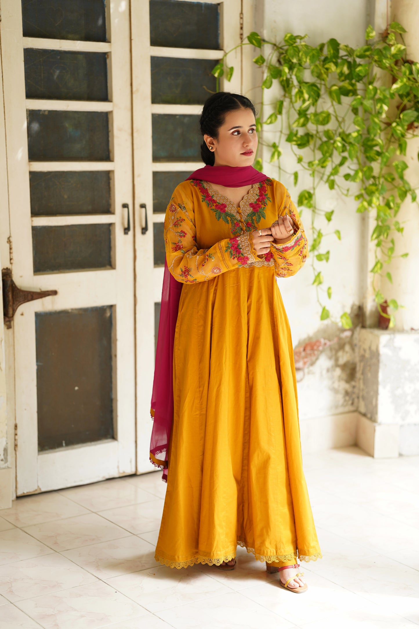 Mustard gold embroidered frock 3pcs