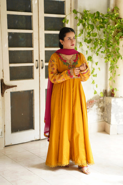 Mustard gold embroidered frock 3pcs