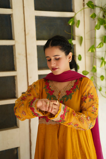 Mustard gold embroidered frock 3pcs