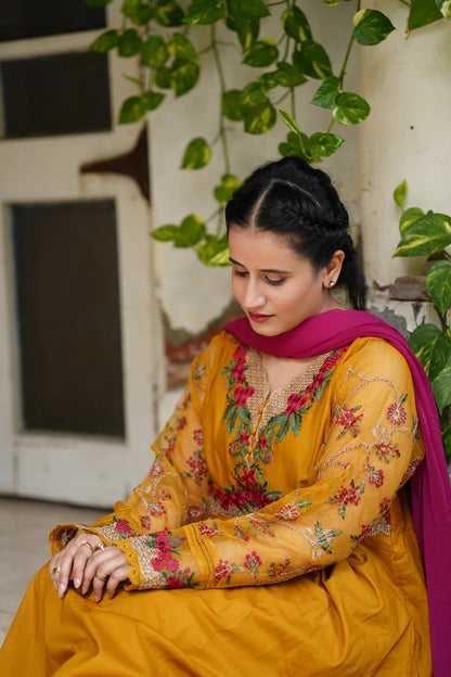 Mustard gold embroidered frock 3pcs