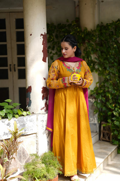Mustard gold embroidered frock 3pcs