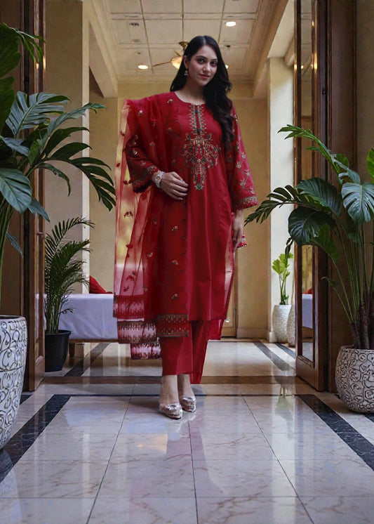 Chestnut  maroon  Embroidered 3pcs