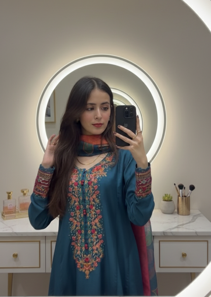 Bluish  Zinc  Embroidered  Frock 3 pcs