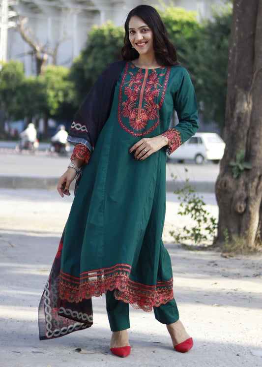 Emerald Green  Embroidered   Frock 3 pcs