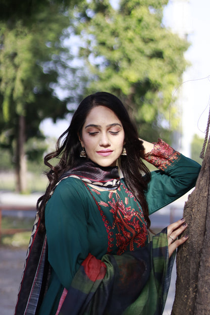 Emerald Green  Embroidered   Frock 3 pcs