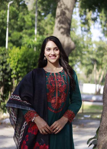 Emerald Green  Embroidered   Frock 3 pcs