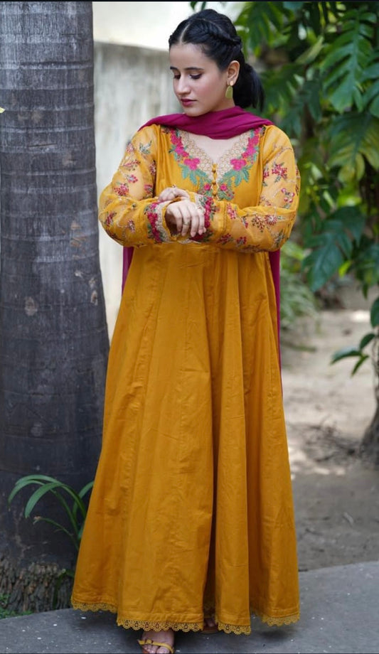 Mustard gold embroidered frock 3pcs