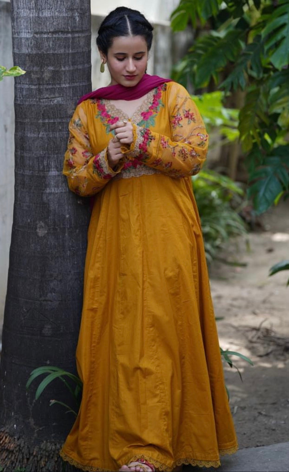 Mustard gold embroidered frock 3pcs