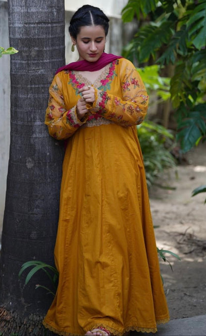 Mustard gold embroidered frock 3pcs