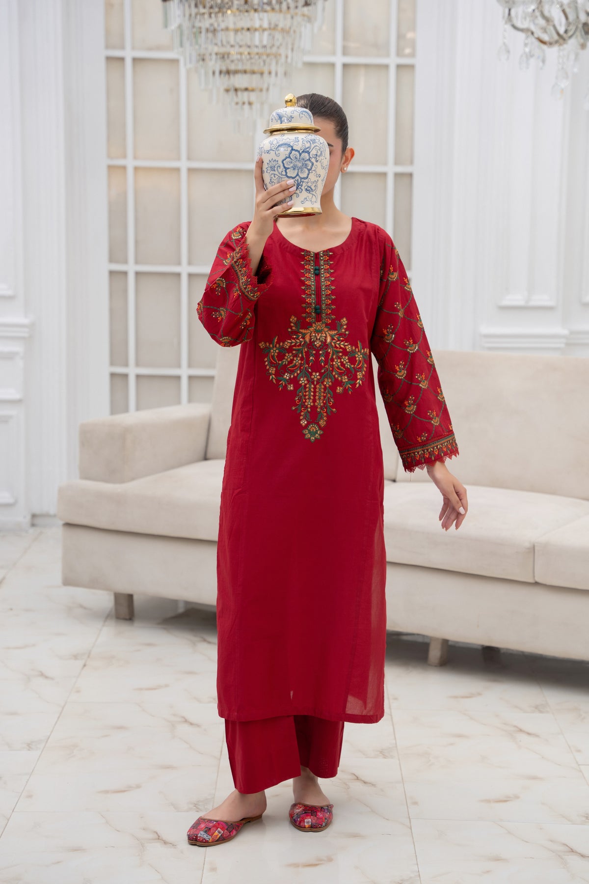 Red Embroidered-2PC